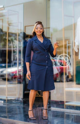 Elegant navy blue  blazer dress with a pleated hem